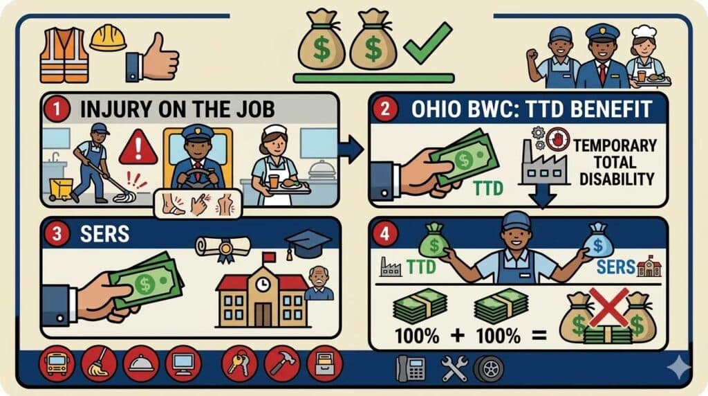 Ohio School Support Staff: No Offset Between Workers’ Compensation (TTD) and SERS Disability Benefits