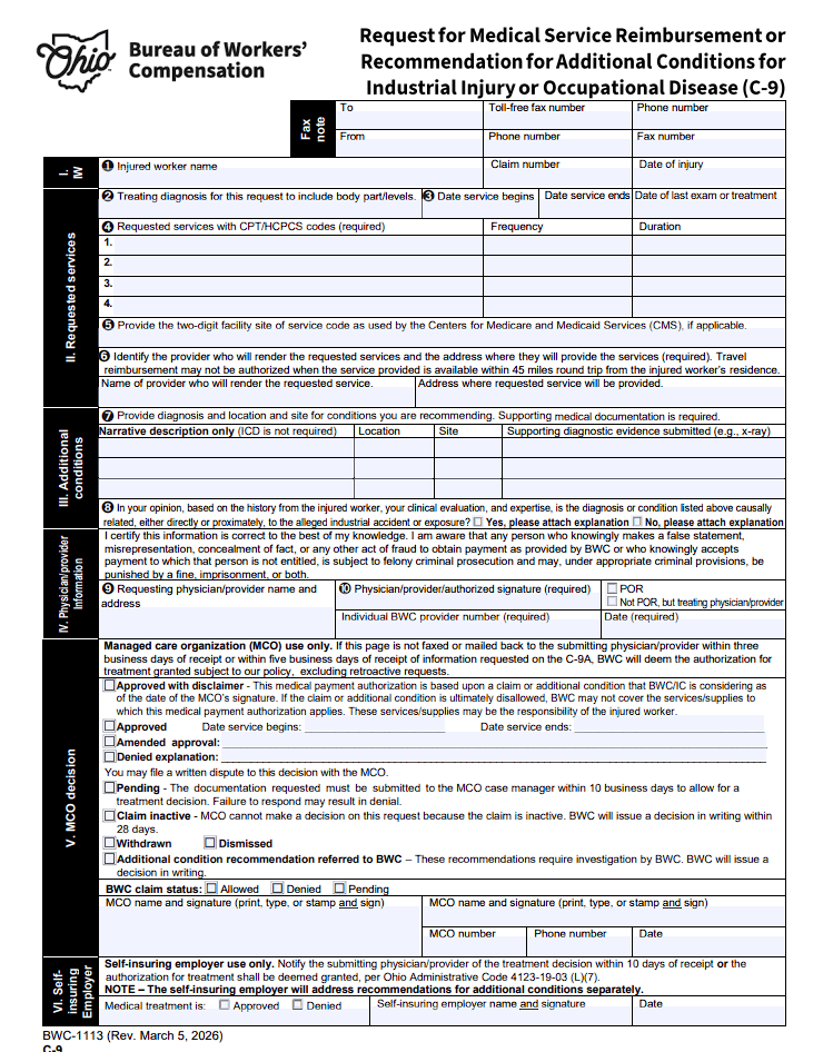 Effective April 15, 2026 – The New Ohio BWC C-9 Form – Request for Medical Authorization
